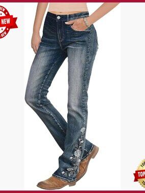 Floral Embroidery Mid Waist Bootcut Jeans, Stretch Denim, Versatile Fit